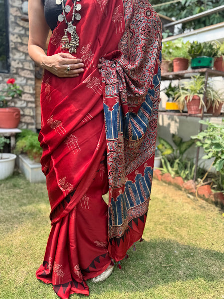 Ajrakh naturally dyed modal silk saree