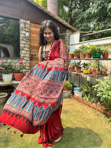 Ajrakh naturally dyed modal silk saree