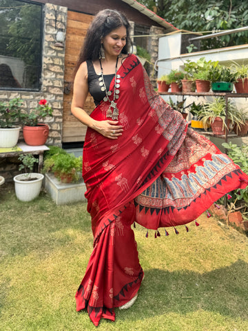 Ajrakh naturally dyed modal silk saree
