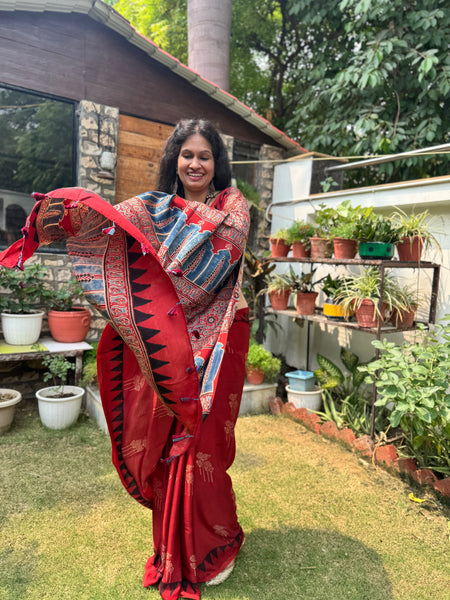 Ajrakh naturally dyed modal silk saree
