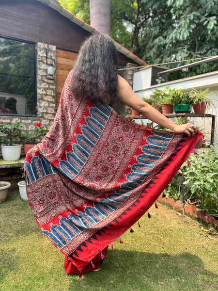 Ajrakh naturally dyed modal silk saree