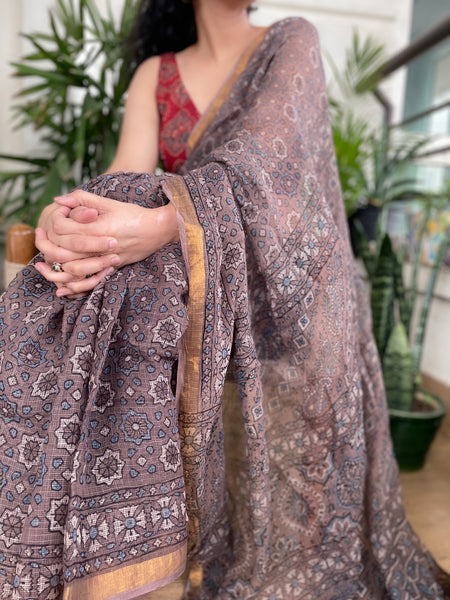 Ajrakh kota doria cotton saree with zari