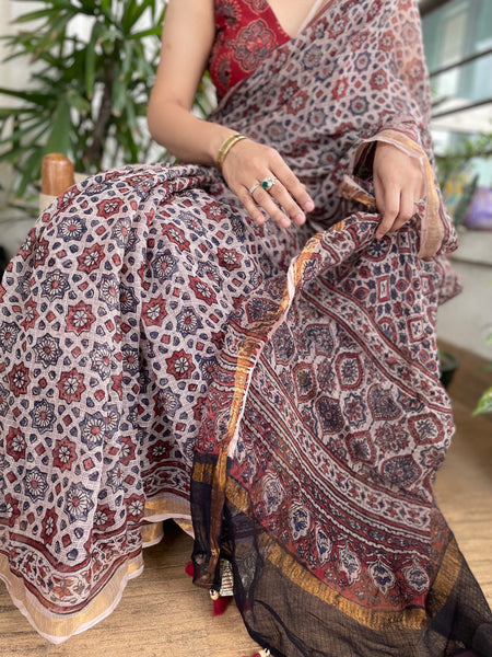 Ajrakh kota doria cotton saree with zari