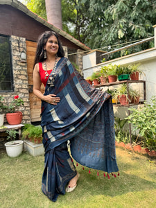 Ajrakh naturally dyed modal silk saree with embroidered pallu