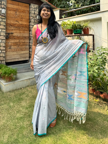 ताना-बाना- Cotton Handwoven Jamdani Saree- Grey