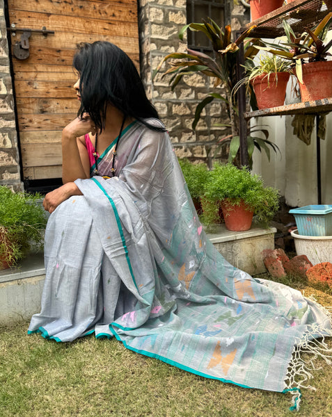 ताना-बाना- Cotton Handwoven Jamdani Saree- Grey