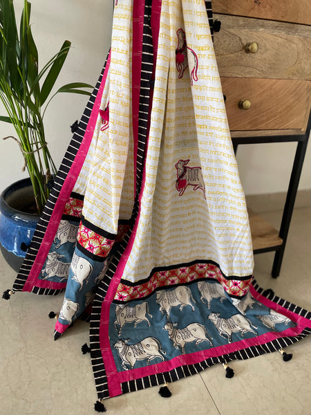 Blue Cow Patchwork Dupatta / Stole - white and yellow base