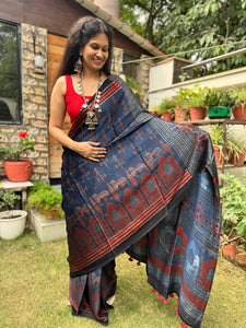 Ajrakh naturally dyed modal silk saree