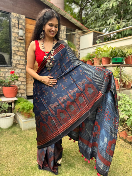 Ajrakh naturally dyed modal silk saree