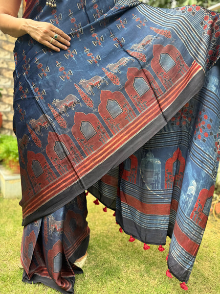 Ajrakh naturally dyed modal silk saree