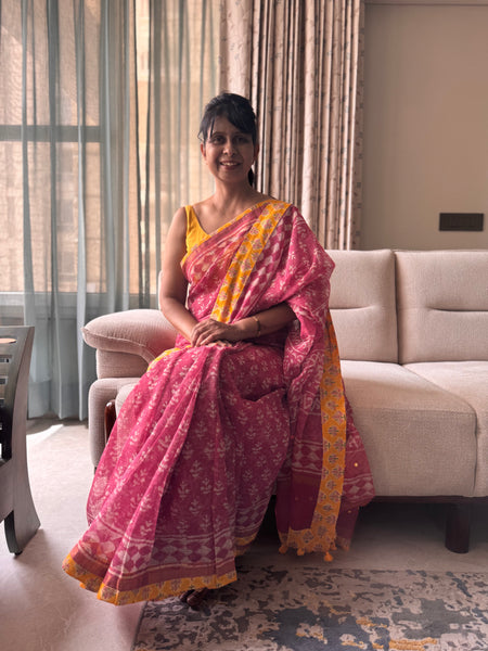 Embroidered pallu & patchwork inside border- kota doria saree