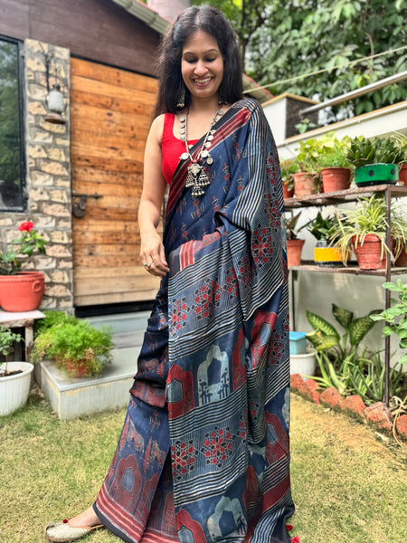 Ajrakh naturally dyed modal silk saree