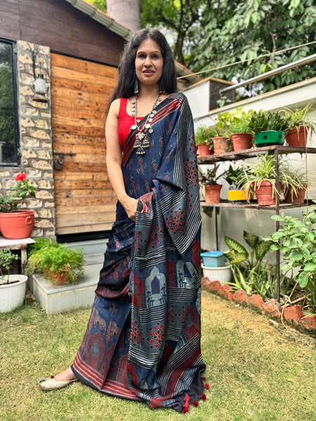 Ajrakh naturally dyed modal silk saree