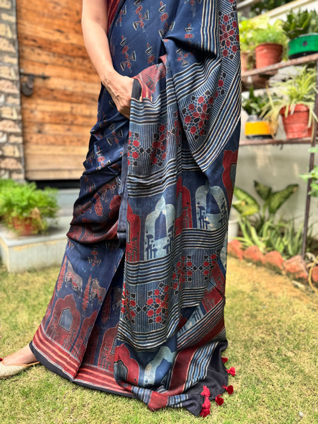 Ajrakh naturally dyed modal silk saree