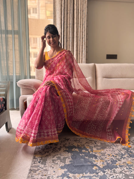 Embroidered pallu & patchwork inside border- kota doria saree