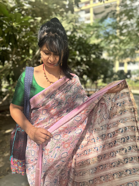 Maheshwari border blockprinted Cotton Silk Saree