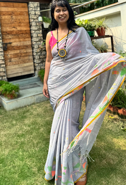 ताना-बाना- Cotton Handwoven Jamdani Saree with one side handwoven border -Grey