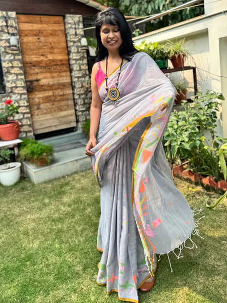 ताना-बाना- Cotton Handwoven Jamdani Saree with one side handwoven border -Grey
