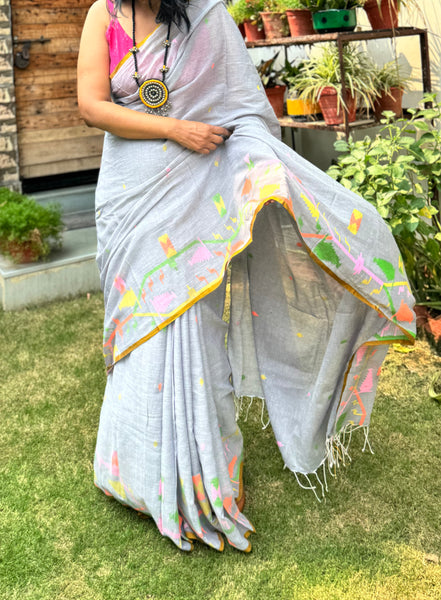 ताना-बाना- Cotton Handwoven Jamdani Saree with one side handwoven border -Grey