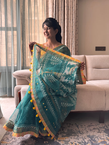 Embroidered pallu & patchwork inside border- kota doria saree