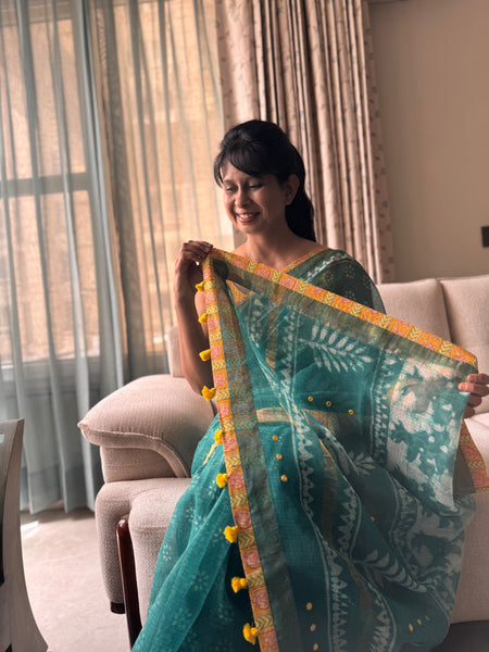 Embroidered pallu & patchwork inside border- kota doria saree