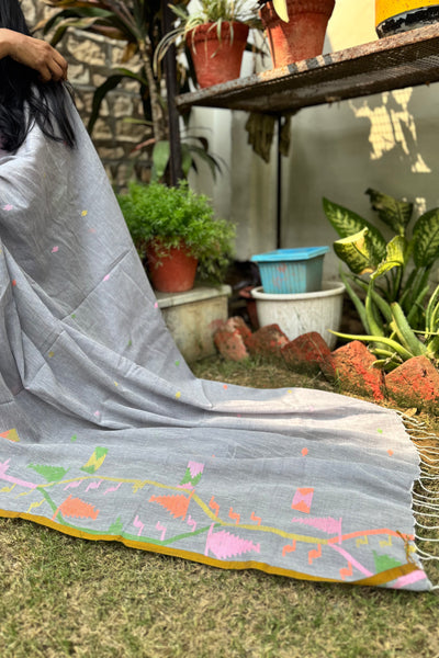 ताना-बाना- Cotton Handwoven Jamdani Saree with one side handwoven border -Grey