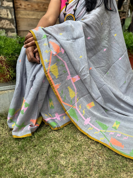 ताना-बाना- Cotton Handwoven Jamdani Saree with one side handwoven border -Grey