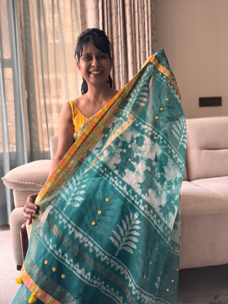 Embroidered pallu & patchwork inside border- kota doria saree