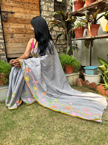 ताना-बाना- Cotton Handwoven Jamdani Saree with one side handwoven border -Grey