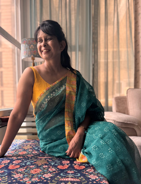Embroidered pallu & patchwork inside border- kota doria saree