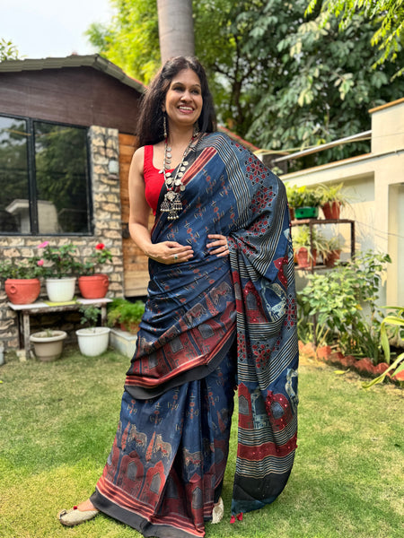 Embroidered pallu- Ajrakh naturally dyed modal silk saree