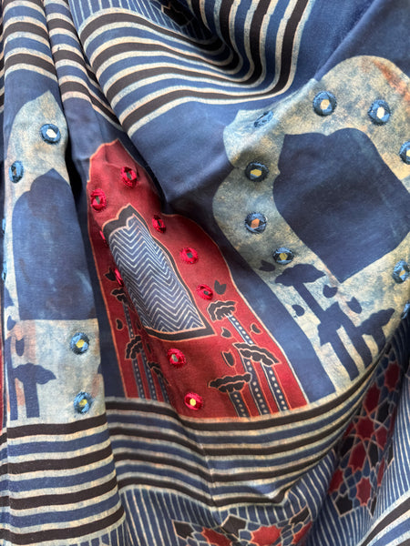 Embroidered pallu- Ajrakh naturally dyed modal silk saree
