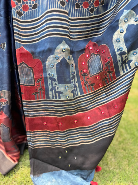 Embroidered pallu- Ajrakh naturally dyed modal silk saree