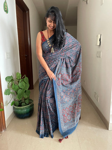 Ajrakh cotton saree - naturally dyed