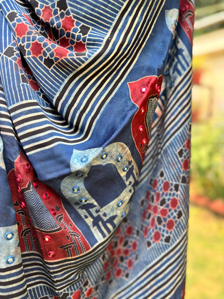 Embroidered pallu- Ajrakh naturally dyed modal silk saree