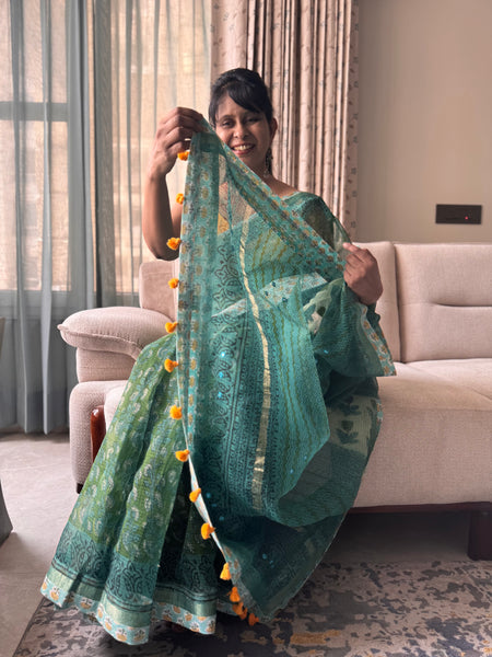 Embroidered pallu & patchwork inside border- kota doria saree