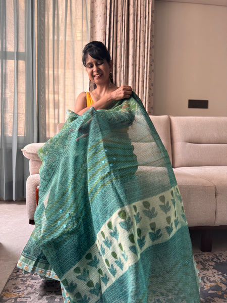 Embroidered pallu & patchwork inside border- kota doria saree