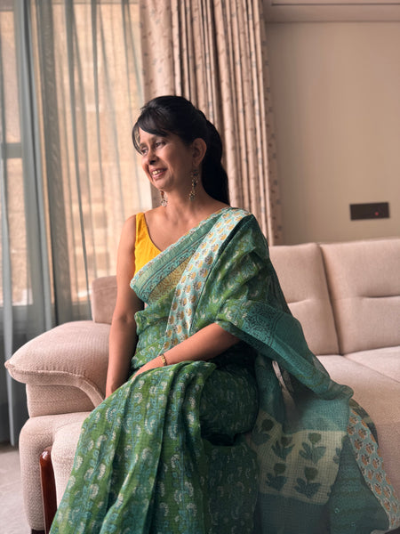 Embroidered pallu & patchwork inside border- kota doria saree