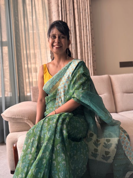 Embroidered pallu & patchwork inside border- kota doria saree