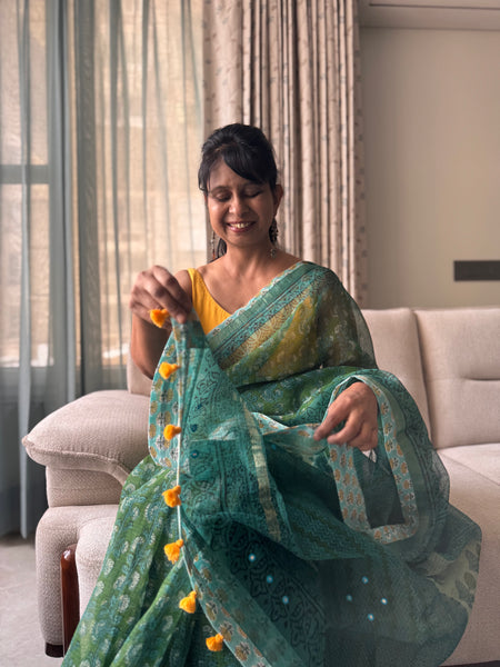Embroidered pallu & patchwork inside border- kota doria saree