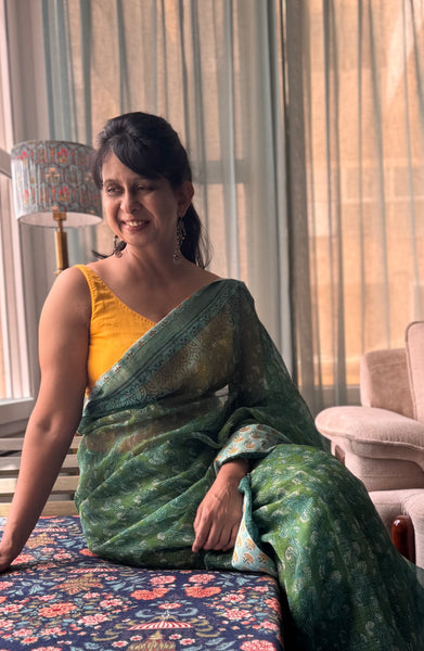 Embroidered pallu & patchwork inside border- kota doria saree