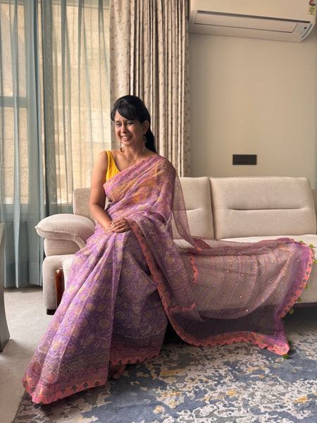Embroidered pallu & patchwork inside border- kota doria saree