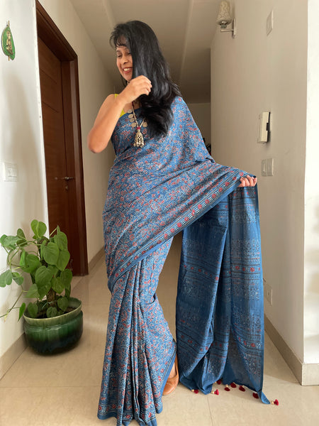 Ajrakh cotton saree - naturally dyed