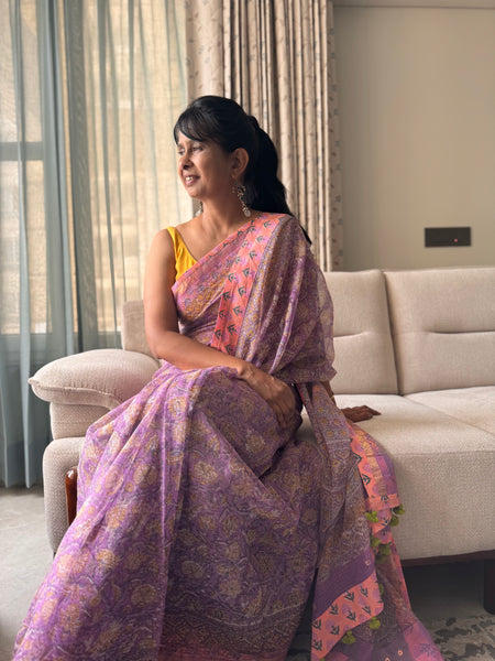Embroidered pallu & patchwork inside border- kota doria saree