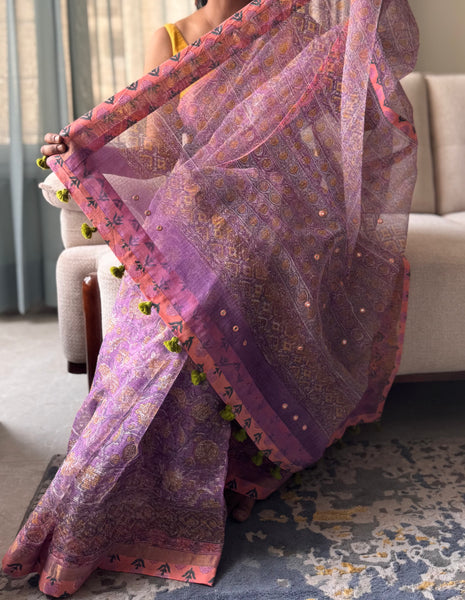 Embroidered pallu & patchwork inside border- kota doria saree