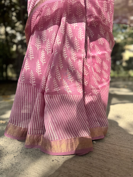 Maheshwari border blockprinted Cotton Silk Saree