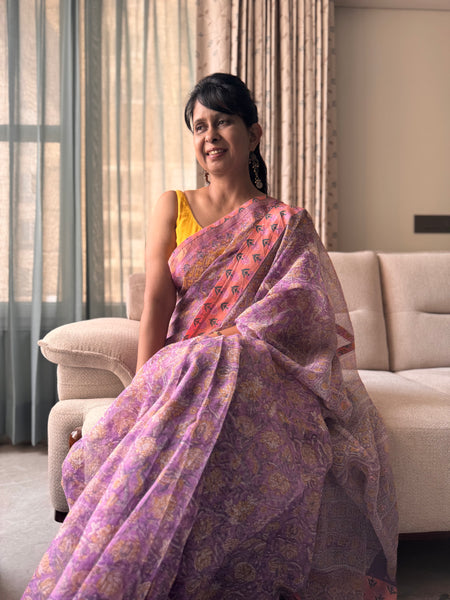 Embroidered pallu & patchwork inside border- kota doria saree