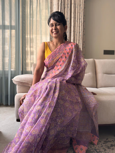 Embroidered pallu & patchwork inside border- kota doria saree