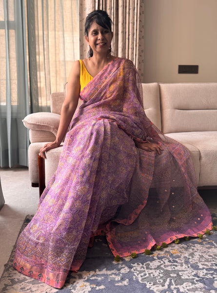 Embroidered pallu & patchwork inside border- kota doria saree