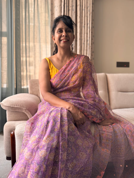 Embroidered pallu & patchwork inside border- kota doria saree